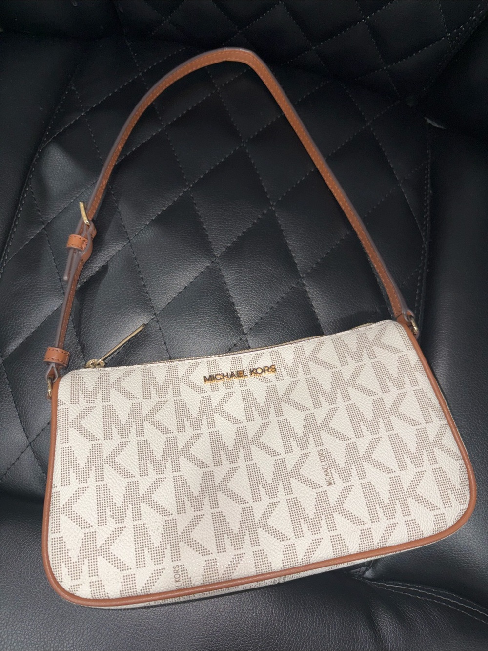 Michael Kors Cream Monogram Shoulder Bag with Brown Trim
